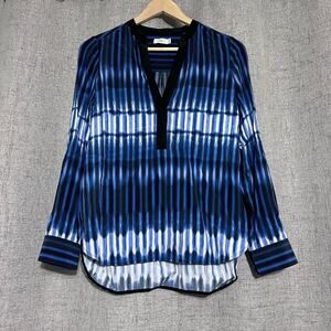 Vince Top Women 4 Blue Career Roll Tab‎ Round Hem Tie Dye 100% Silk Popover